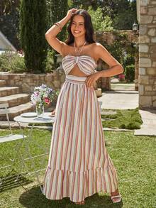 KARISMINA 鏤空細節條紋荷葉邊下擺繞頸洋裝 - 彩色 - 查看 4