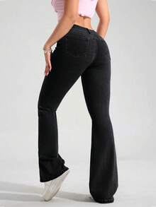 SHEIN PETITE Women's Casual Flared Leg Jeans, Versatile For Everyday Wear