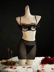 SpicyHot 黑色性感蕾丝边薄纱钢圈文胸内裤三件套，情侣私密内衣，假日约会之夜 - 黑色 - 查看 5