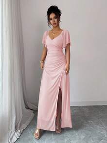 Elenzga Women's Light Purple V-Neck Ruffle Sleeve Pleated Waist Split Dress, Elegant Bridesmaid Dress, Party Gown, Spring/Summer - Pink - View 3