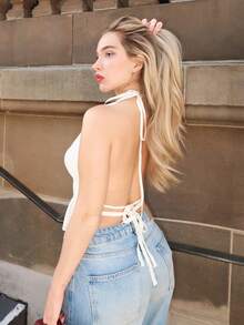 Turnttoni Top de tirantes sin espalda con cuello de halter y cintura anudada plisada para mujer - Beis - Ver 3