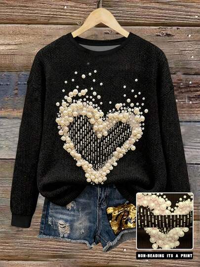 EMERY ROSE Sudadera para mujer de talla grande, parte superior de otoño, otoño/invierno, diseño con patrón de corazón de perlas falsas, negro, estilo elegante y versátil, imprescindible para mujeres, llamativa, de vuelta a la escuela, vacaciones, uso al aire libre, cita, sudadera de cuello redondo para mujer