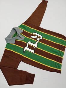Manfinity EMRG Men's Striped & Letter Pattern Long Sleeve Pullover Sweater, Fall/Winter 90s Sporty Sweater Men Jerseys For Men Y2k Brown Jerseys Rugby Shirt - Coffee Brown - View 7