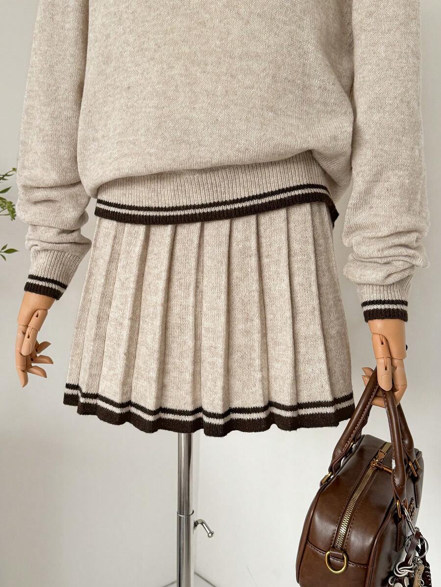 Muvela 女士迷你羊毛毛衣裙，百褶裙，复古学院风，适合秋季，返校季，日常穿着，复古时尚，约会，下午茶 - 杏色 - 查看 1