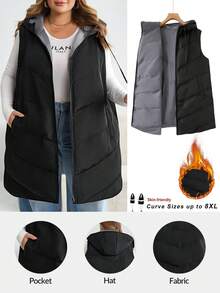 SHEIN CURVE+ 大码女式带帽无袖羽绒服，秋冬季 - 彩色 - 查看 12
