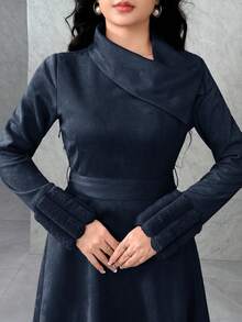 Modelyn Ribbed Plush Patchwork Suede Collar Belt Midi Dress For Women, Autumn/Winter,Dresses For Women Elegant - Navy Blue - View 3