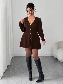 Elenzga Fashionable Elegant Casual Pearl Button V-Neck Long Sleeve Plus Size Women Cardigan Sweater, Suitable For Everyday Wear - Brown - View 3