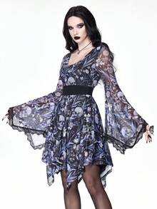 ROMWE Goth 哥特式黑暗风格女巫骷髅与香草印花撞色蕾丝边不对称下摆喇叭袖连衣裙 - 彩色 - 查看 4