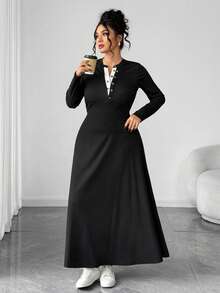 Elenzga Plus Size Women Elegant Casual Color Block V-Neck Long Sleeve Top And Skirt 2 Pieces Set - Black - View 5