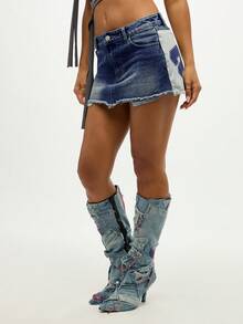 SUMWON WOMEN Patchwork Denim Mini Skirt With Number Print Details Frayed Hem Festival Casual Bottoms - Navy Blue - View 3