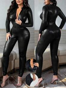 Rafferiza Women Black Sexy Shiny Faux Crocodile Skin Front Zipper Jumpsuit, Long Sleeve Clubwear Party Date Night, New Design, Spring/Summer Fall Cloth For Women Sexy Party/Night Club//Street/Date/Halloween/Valentine's Day New Arrival Concert Outfit Evening Birthday Club Slim Bodycon Original Design Long Leggings Jumpsuit - Black - View 1