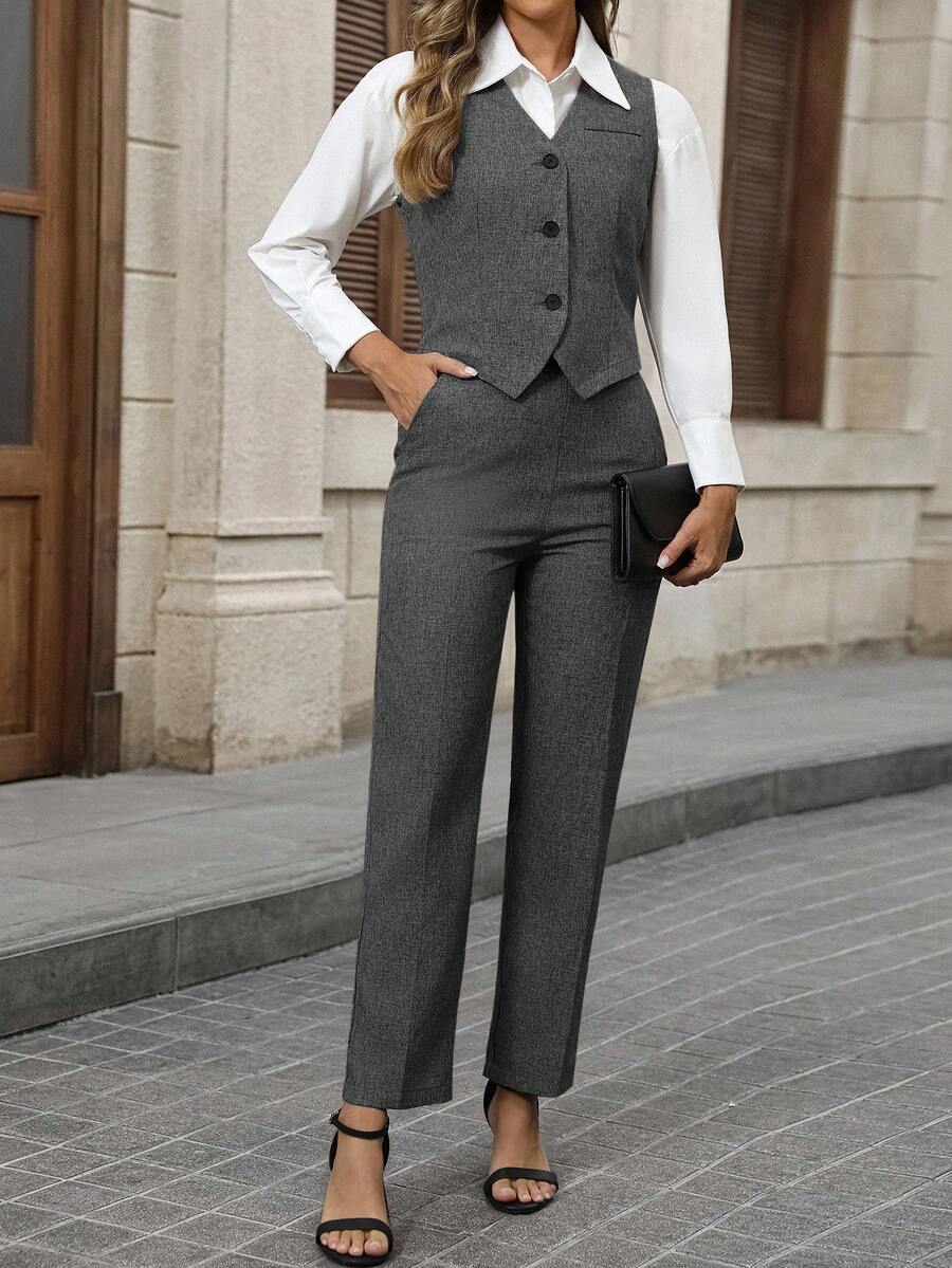 EMERY ROSE Women's Casual Commuter Vest & Pants Suit In Fall/Winter - Grey - View 1