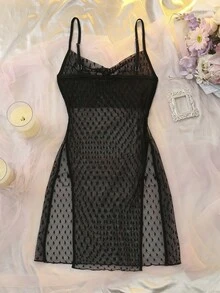 DelicateAllure Váy ngủ hai dây hở viền lưới gợi cảm hình trái tim cho nữ - màu đen - Xem 3