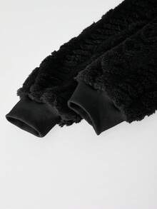 SHEIN 1件女童时尚连帽外套，黑色爱心提花双面抓绒长袖拉链连帽衫，带毛领，短款外套，适合室内、室外、聚会、运动、通勤、春季、秋季、冬季穿着。 - 黑色 - 查看 7