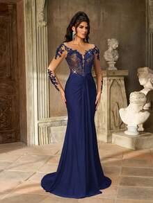 Aureia 优雅奢华的薄纱长袖串珠亮片刺绣蕾丝拼接弹力针织美人鱼连衣裙，适合婚礼、派对、度假、盛大晚宴、正式晚装（重工装饰）、情人节 - 藏蓝色 - 查看 6