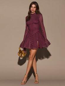 SHEIN BAE Đầm ngắn tay loe dài cổ đứng chấm bi xẻ eo - Màu Tím - Xem 1