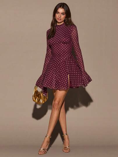 SHEIN BAE Stand Collar Long Flare Sleeve Polka Dot Waist Slit Mini Dress/Winter Outfit For Women , Party,Elegant ,Casual,Burgundy Polka Dot Dress, Polka Dot Dress, Cute Red Dress, Birthday Dress, Afternoon Tea Dress, Casual Dress, Formal Occasion Dress, Vacation/Valentine's Day,Valentine Outfits For Women Polka Dot Dresses For Women