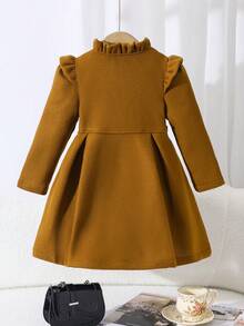 Elladie kids 女童秋冬甜美公主风浅蜜桃色荷叶边领蝴蝶结装饰中长款外套，韩版甜美风羊毛外套，适合日常上学、家庭休闲、节日聚会（如生日派对、新年拜访）等场合，实用又时尚。 - 咖啡棕 - 查看 2