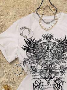 Glimmora Áo thun tay ngắn in họa tiết cổ điển thường ngày dành cho nữ, mùa hè - trắng - Xem 5