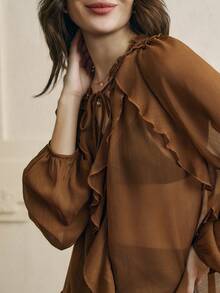 Cévolie Women's Tie Collar Patchwork Ruffle Lantern Sleeve Brown Chiffon Blouse