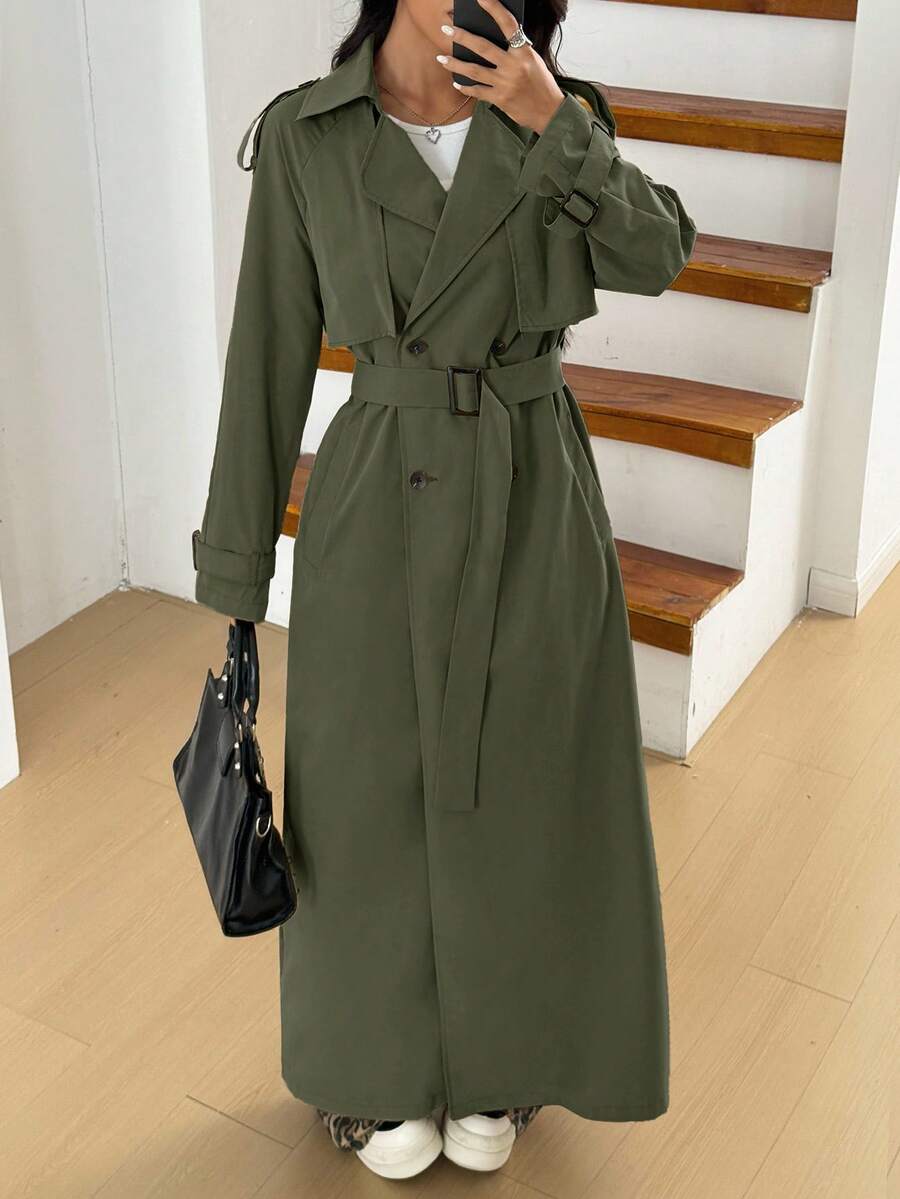 SHEIN EZwear 女士橄榄绿双排扣休闲长款风衣 女士风衣 系带风衣 橄榄绿风衣 深绿色外套 女士长款夹克 军绿色风衣 深绿色外套 橄榄绿长款外套 - 軍綠色 - 查看 1