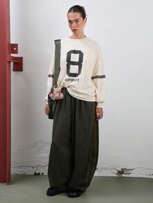 COUREZ 低腰宽松灯笼裤，侧边饰有滚边 / Y2K 风格外出穿搭 秋季女装 冬季女装 派对休闲运动健身 - 灰色 - 查看 5