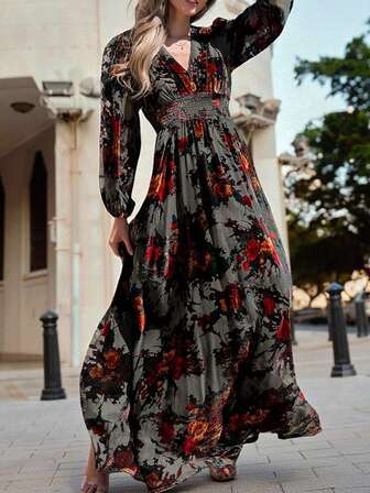 Écloséra Elegant Women's Dress, Business Women's Dress, Mid-Length Women's Dress, French Retro Print Women's Floral Dress, Elegant Waist-Cinching Neckline, Crossover Cuffs, Elasticated Cuffs, Autumn And Winter Long-Sleeved Long Dress, Elegant Women's Dress, Women's Red Dress.