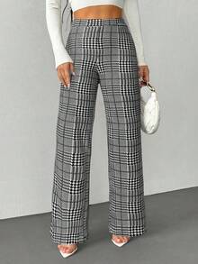 SHEIN PETITE Quần dệt kim co giãn họa tiết kẻ caro thanh lịch mùa hè dành cho nữ, phù hợp với nhiều dịp khác nhau, thích hợp cho kỳ nghỉ hè, du lịch thanh lịch và đi làm hàng ngày - Đen và trắng - Xem 5
