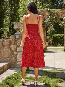 KARISMINA Summer Elegant Ditsy Floral Slit Strap Dress - Red - View 2