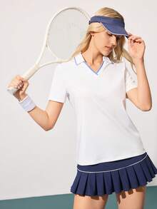 CourtClass Casual Versatile Yoga Asymmetrical V-Neck Contrast Stripe Sports Polo Shirt Tennis Top Athletic Skirt Tennis Golf Women Golf Tops