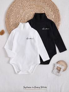 Cozy Pixies 2pcs Baby Boys Black & White High Neck Knit Soft Crew Neck Long Sleeve Bodysuit, Thermal Lined Thick Warm For Winter - Black and White - View 4