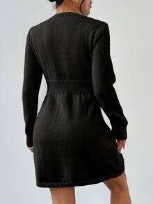 SHEIN LUNE Gaun Sweater Lengan Panjang Leher Bulat Kasual Minimalis Warna Polos untuk Wanita - Hitam - View 2