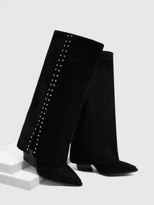CUCCOO SZL Botas altas de mujer con puntera puntiaguda y tachuelas de moda - Negro - Ver 7