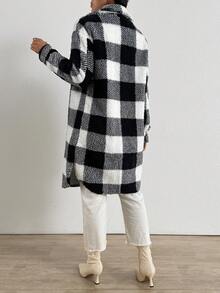 Chiquease Women's Plaid Drop Shoulder Long Sleeve Single-Breasted Casual Fleece Jacket, Autumn/Winter - Black and White - View 6