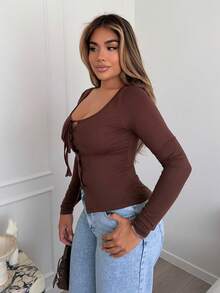Maria Perezxox Elastic Knit Solid Color Round Neck Lace Up Cuffs Decorated Form-Fitting Casual Women T-Shirt Fall Cloth For Women - Coffee Brown - View 5