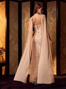 MOTF Soiréza CHAL CON DETALLES DE DIAMANTES DESMONTABLE Y VESTIDO LARGO SIRENA SIN TIRANTES, TELA BRILLANTE Y ENJOYADA, DETALLE DE LAZO EN LA ESPALDA Y ESTILO VERSÁTIL PARA BODAS, GALAS Y EVENTOS ESPECIALES PARA MUJERES - Champán - Ver 4