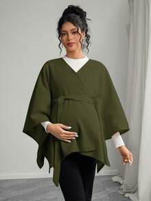 Momance Maternity Batwing Sleeve Open Front Belted Wool Regular Jacket - Army Green - View 4