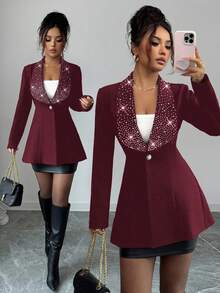 Elenzga Chaqueta de moda para mujer con decoración de strass que ajusta la cintura - Burdeos - Ver 1