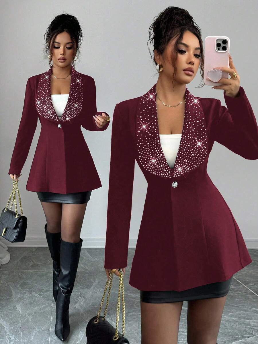 Elenzga Chaqueta de moda para mujer con decoración de strass que ajusta la cintura - Burdeos - Ver 1