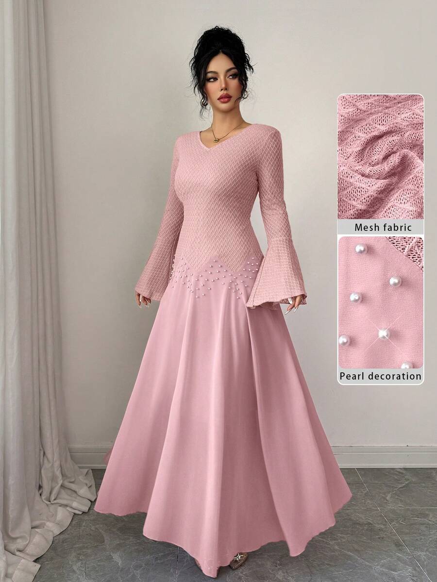 Modelyn Modisches, elegantes Kleid mit V-Ausschnitt, strukturierter Strickware, Perlen und ausgestelltem Chiffon