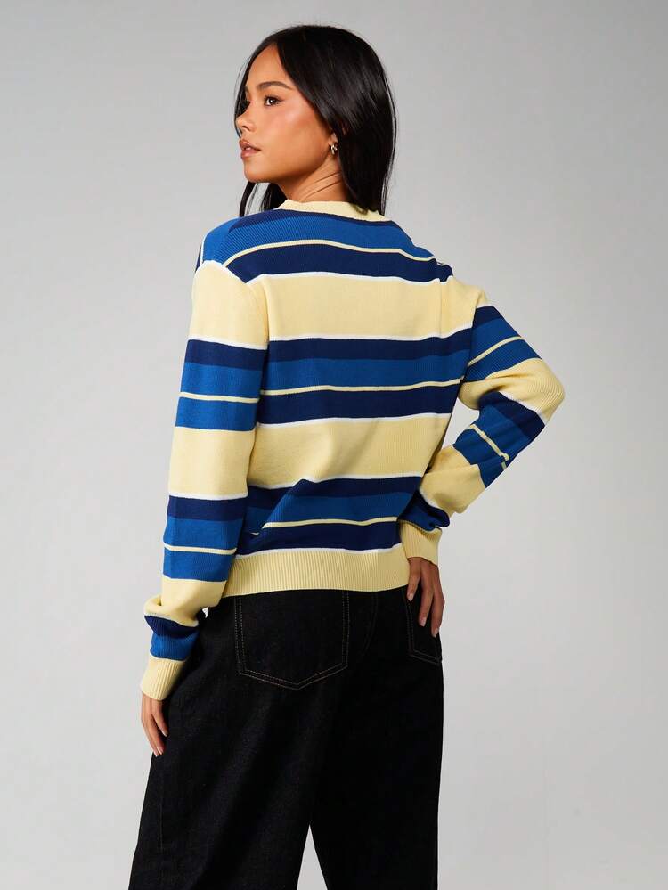 MISSGUIDED Relaxed Striped V Neck Long Sleeve Knit Top For Fall Winter Casual Everyday Wear
