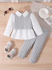 SHEIN 女婴时尚罗纹拼接长袖翻领衬衫和粉色罗纹裤套装