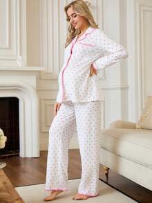 SHEIN 2pcs Maternity Floral Trim Heart Print Button-Front Long Sleeve Top And Pants Set - White - View 2