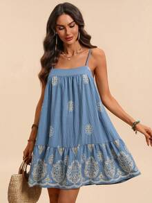 Travachic Đầm ngắn hai dây thêu họa tiết thời trang nữ, thích hợp cho kỳ nghỉ. - Màu xanh lam - Xem 3