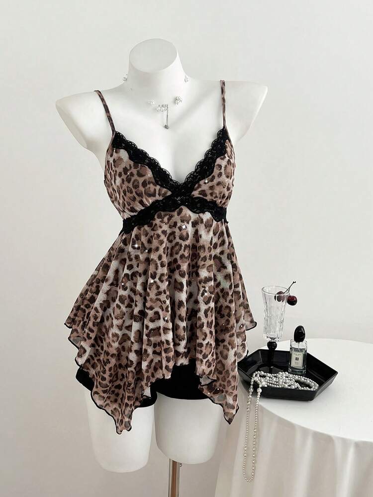 Elamini Débardeur asymétrique pour femmes avec bordure en dentelle imprimé léopard