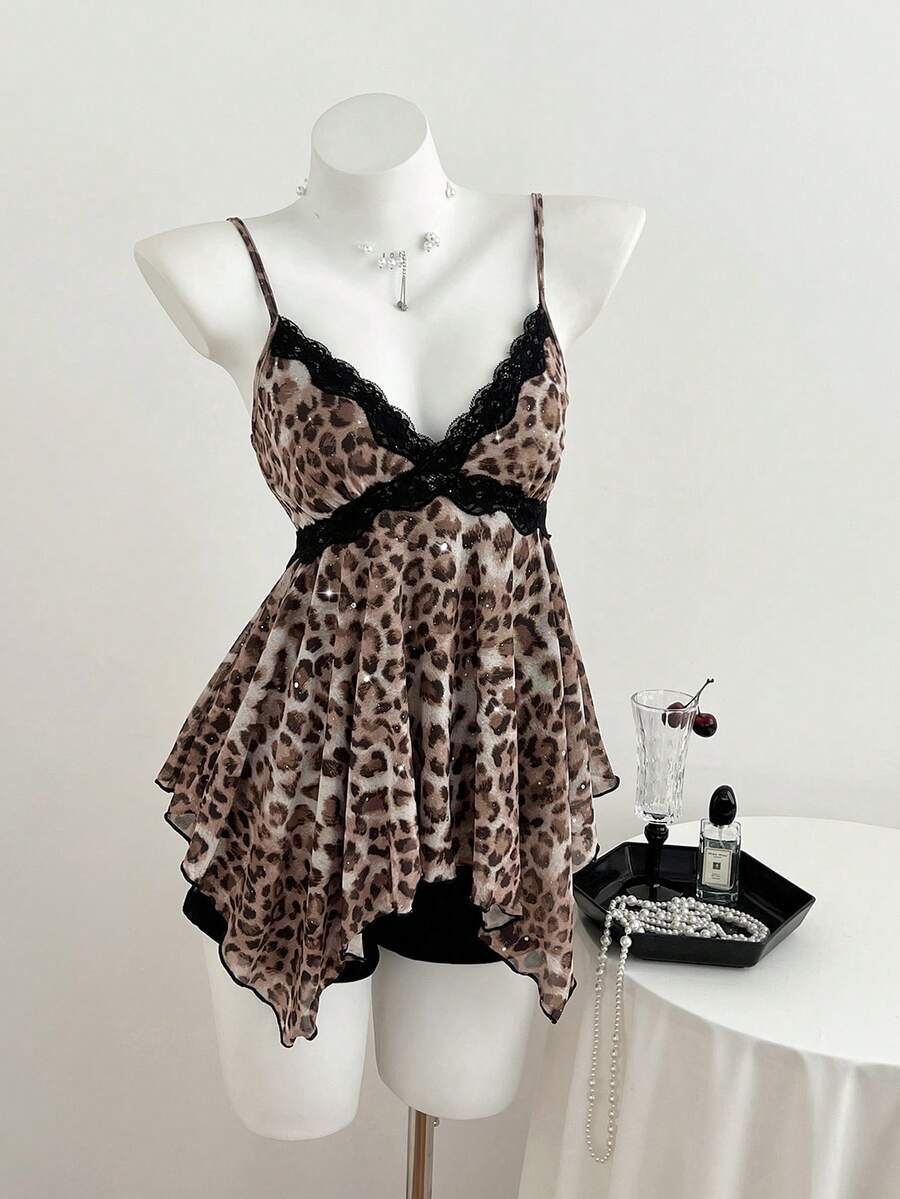 Elamini Yk2 Leopard Print Lace Trim Asymmetric Hem Women Tank Top