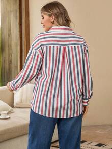 EMERY ROSE Plus Size Women Striped Drop Shoulder Long Sleeve Single-Breasted Casual Stripe Shirt Christmas New Year - Multicolor - View 6
