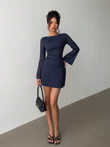 Aloruh Elegant Bowknot Backless Sexy Glitter Fabric Fitted Mini Dress Navy Blue Elegant Dress Open Back Dresses - Navy Blue - View 5