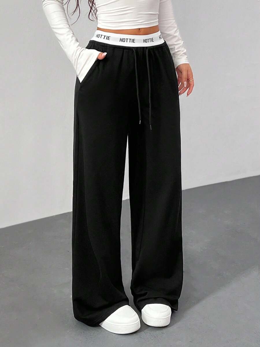 SHEIN SXY 女式字母针织腰带休闲运动裤，适合秋冬季 - 黑色 - 查看 1