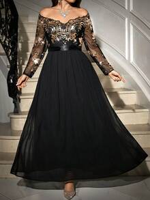 SHEIN Clasi Plus Size Women Floral Patchwork Sequin Mesh Off-Shoulder Long Sleeve Elegant Dress